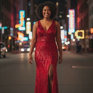 Red Sequin V-Neck Prom Gown with Thigh Slit